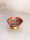 Small Brass Footed Bowl with With Peacock Designs and Red Enamel
