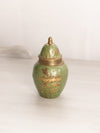 Small Brass Lidded Ginger Jar with Green Enamel and Floral Details