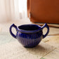 Small Dark Blue Ceramic Dark Blue Ribbed Handled Dish