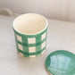 Small Green & White Gingham Plaid Ceramic Lidded Jar