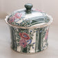 Small Green & White Striped Ceramic Floral Lidded Dish