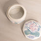 Small Hexagonal White Ceramic Lidded Jar with Pink Floral Designs