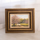 Small Horizontal Log Cabin & Pink Tree Painting with Brown Frame