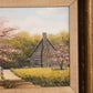 Small Horizontal Log Cabin & Pink Tree Painting with Brown Frame