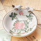 Small White, Pink, Green Floral Ceramic Dish with Bird Details