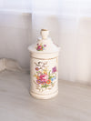 Tall Cream Ceramic Lidded Jar with Floral Designs and Gold Details