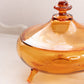 Vintage Amber Glass Lidded 3-Toed Dish with Flower Finial