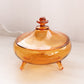 Vintage Amber Glass Lidded 3-Toed Dish with Flower Finial