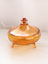 Vintage Amber Glass Lidded 3-Toed Dish with Flower Finial