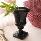 Vintage Black Glass Footed Urn Vase with Embossed Details