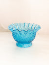 Vintage Blue Glass Daisy and Button Bowl with Ruffle Edge