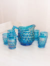 Vintage Blue Iridescent Thousand Eye Mini Pitcher & Small Glasses