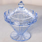 Vintage Blue Lidded Glass Footed Dish with Crenellation Details