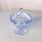 Vintage Blue Lidded Glass Footed Dish with Crenellation Details