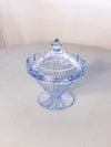 Vintage Blue Lidded Glass Footed Dish with Crenellation Details