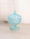 Vintage Blue Opalescent Glass Daisy & Button Lidded Footed Dish