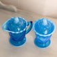 Vintage Blue Opalescent Glass Peacock Creamer & Sugar Set