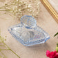 Vintage Blue Glass Ribbed Diamond Shaped Lidded Jar with Finial