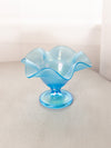 Vintage Blue Stretch Glass Ruffled Footed Bowl