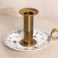 Vintage Brass and Porcelain Candleholder with Blue Floral Designs