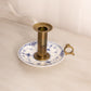 Vintage Brass and Porcelain Candleholder with Blue Floral Designs