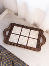 Vintage Brown Carved Wood & Tile Handled Tray