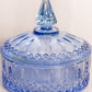 Vintage Circular Blue Lidded Dish with Pointy Finial & Diamond Designs