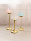 Vintage Clear/Blue/Pink Satin Tulip Candleholders with Metal Base (Set of 3)