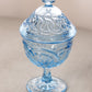 Vintage Dalzell-Viking Blue Glass Pedestal Lidded Dish with Ring Designs