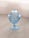 Vintage Dalzell-Viking Blue Glass Pedestal Lidded Dish with Ring Designs