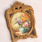 Vintage Extra Small Floral Painting with Teal Vase and Gold Tone Frame
