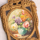 Vintage Extra Small Floral Painting with Teal Vase and Gold Tone Frame