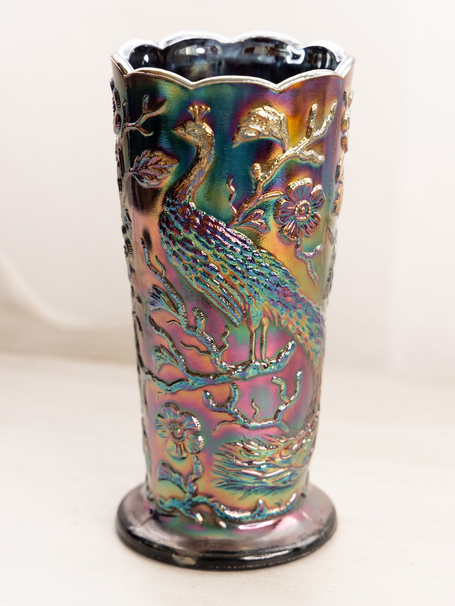 Vintage Fenton Carnival Glass Vase with Peacock and Floral Designs