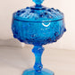 Vintage Fenton Blue Glass Rose Floral Lidded Compote