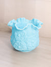 Vintage Fenton Blue Matte Glass Poppy Floral Ruffle Edge Vase