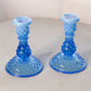 Vintage Fenton Blue Opalescent Glass Hobnail Candlesticks (Set of 2)