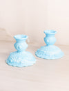 Vintage Fenton Blue Slag Glass Cabbage Rose Candlestick