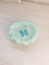 Vintage Fenton Glass Green Iridescent Butterfly Dish with 3 Toes