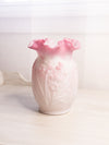 Vintage Fenton Glass White Pink Rosalene Matte Vase with Ruffle Edge and Daffodil Floral Design