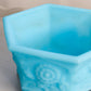 Vintage Fenton Hexagonal Light Blue Matte Glass Planter with Floral Designs