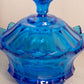Vintage Fenton Medium Blue Glass Scalloped Lidded Dish with Finial