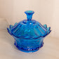 Vintage Fenton Medium Blue Glass Scalloped Lidded Dish with Finial