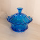 Vintage Fenton Medium Blue Glass Scalloped Lidded Dish with Finial