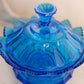 Vintage Fenton Medium Blue Glass Scalloped Lidded Dish with Finial