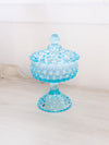 Vintage Fenton Medium Blue Opalescent Glass Hobnail Lidded Dish