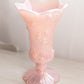 Vintage Fenton Pink Iridescent Glass Rose Floral Footed Vase