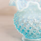 Vintage Fenton Small Blue Circular Hobnail Opalescent Glass Vase with Ruffle Edge