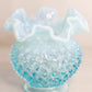 Vintage Fenton Small Blue Circular Hobnail Opalescent Glass Vase with Ruffle Edge