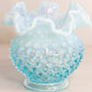 Vintage Fenton Small Blue Circular Hobnail Opalescent Glass Vase with Ruffle Edge