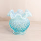 Vintage Fenton Small Blue Circular Hobnail Opalescent Glass Vase with Ruffle Edge